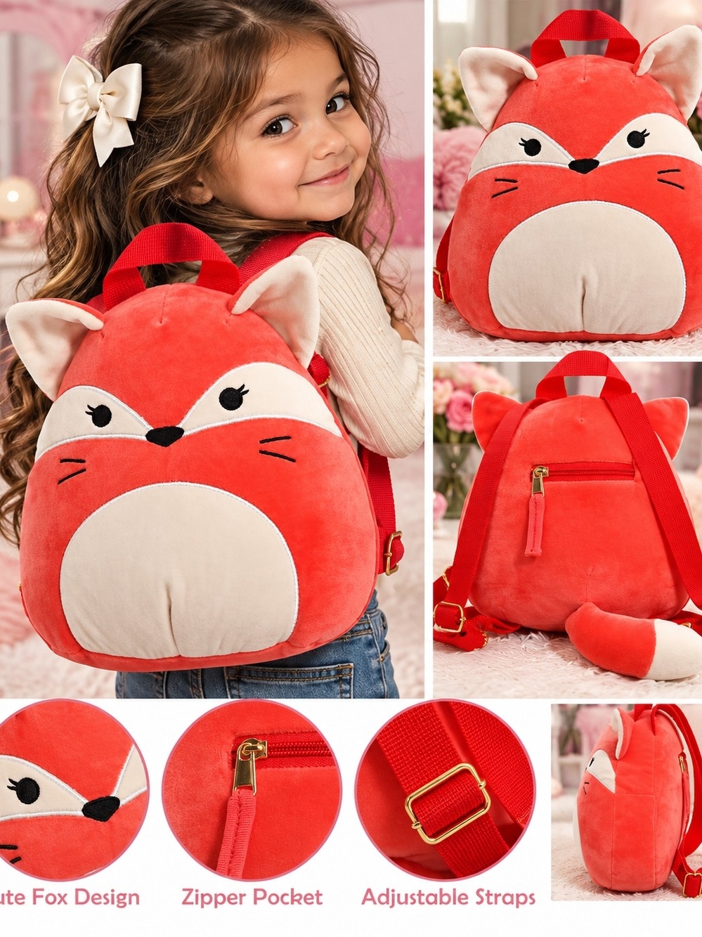 Squishmallows Red Plush Fox Kids Backpack with Beige Accents